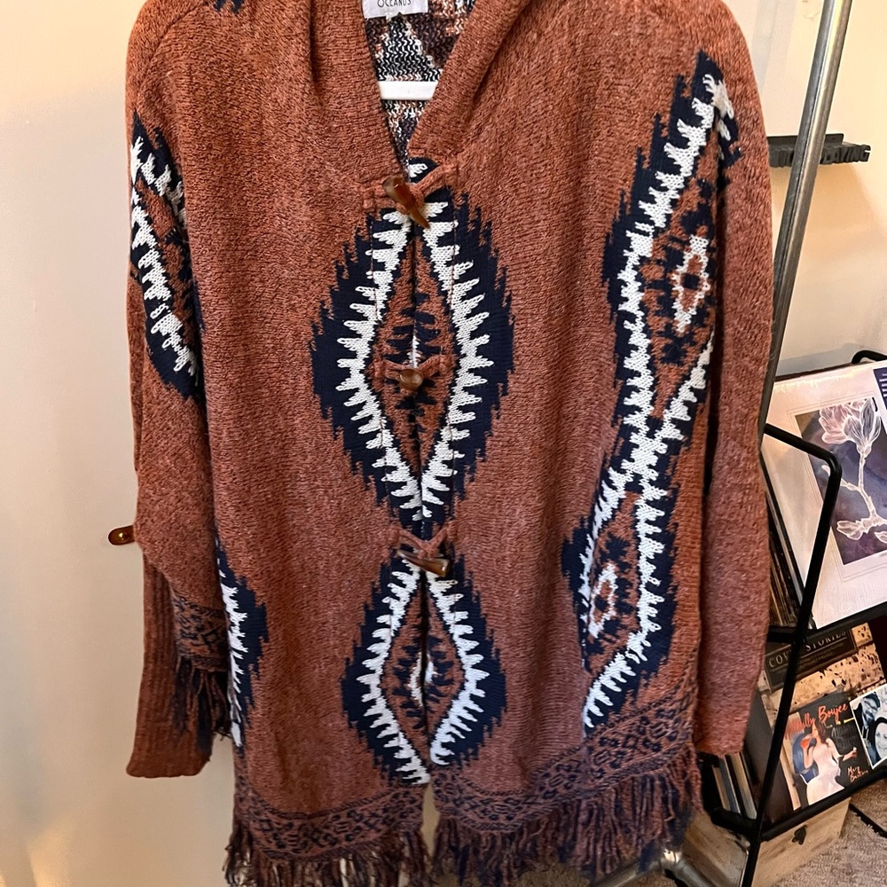 Oceanus Fringe Hooded Poncho Sweater
